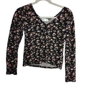 Hollister Womens   Black Floral Long Sleeve Crop Top Small Stretch Belly Top